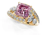 Halo Engagement Ring Setting for Fancy Pink Princess Cut Center with Marquise and Pave Bypass Band and Prong Head in Yellow Gold
