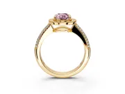 Milgrain Halo Engagement Ring Setting for Fancy Pink Oval Center with Three-Sided Pave Band and Prong Head in Yellow Gold