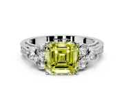 Cluster Engagement Ring Setting for Fancy Yellow Asscher Cut Center with Bezel Accent Clusters and Prong Head in White Gold