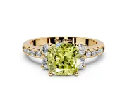 Paired Accent Engagement Ring Setting for Fancy Yellow Cushion Cut Center with Pave Band and Prong Head in Yellow Gold