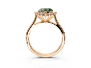 Starburst Halo Engagement Ring Setting for Fancy Green Heart-Shaped Center with Thin Round-Wire Band and Prong Head in Rose Gold