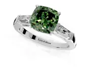 3 Stone Engagement Ring Setting for Fancy Green Cushion Cut Center with Tapered Baguettes, Plain Band and Prong Head in Platinum