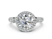 Halo Engagement Ring Setting for Round Cut Center with Heart-Shaped Openwork, Pave Band and Prong Head in Platinum