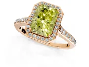 Halo Engagement Ring Setting for Fancy Yellow Radiant Cut Center with Pave Accents, Heart Basket and Prong Head in Rose Gold