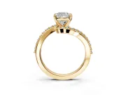 Solitaire Engagement Ring Setting for Cushion Cut Center with Pave Bypass Swirl Band and Prong Head in Yellow Gold
