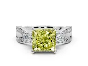 3 Stone Engagement Ring Setting for Fancy Yellow Princess Cut Center with Pave Twist Band and Prong Head in Platinum