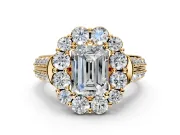Large Accent Halo Engagement Ring Setting for Emerald Cut Center with Pave Split Shank and Prong Head in Yellow Gold