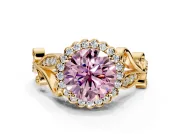 Halo Engagement Ring Setting for Fancy Pink Round Cut Center with Leaf Motif Split Shank and Prong Head in Yellow Gold