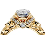 Solitaire Engagement Ring Setting for Radiant Cut Center with Filigree Band and Prong Head in Yellow Gold