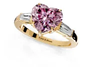3 Stone Engagement Ring Setting for Fancy Pink Heart-Shaped Center with Baguette Accents and Prong Head in Yellow Gold