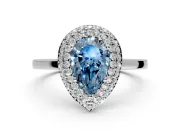 Halo Engagement Ring Setting for Fancy Blue Pear-Shaped Center with Plain Tapered Band and Prong Head in Sterling Silver