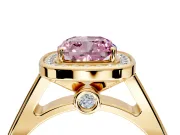 Halo Engagement Ring Setting for Fancy Pink Cushion Cut Center with Outer Bezel Rim, Pave Band and Prong Head in Yellow Gold
