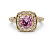 Milgrain Halo Engagement Ring Setting for Fancy Pink Cushion Cut Center with Three-Sided Pave Band and Prong Head in Yellow Gold