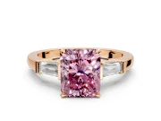 3 Stone Engagement Ring Setting for Fancy Pink Radiant Cut Center with Channel Baguette Accents and Prong Head in Rose Gold