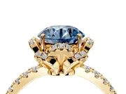 Halo Engagement Ring Setting for Fancy Blue Round Cut Center with Openwork Halo, Pave Band and Prong Head in Yellow Gold