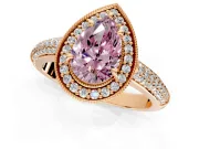 Milgrain Halo Engagement Ring Setting for Fancy Pink Pear-Shaped Center with Three-Sided Pave Band and Prong Head in Rose Gold