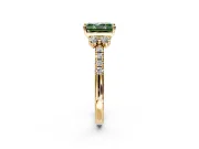 Paired Accent Engagement Ring Setting for Fancy Green Radiant Cut Center with Pave Band and Prong Head in Yellow Gold