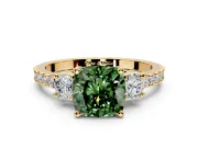 3 Stone Engagement Ring Setting for Fancy Green Cushion Cut Center with Round Cut Side Accents and Prong Head in Yellow Gold
