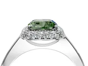 Halo Engagement Ring Setting for Fancy Green Cushion Cut Center with Plain Tapered Band and Prong Head in White Gold