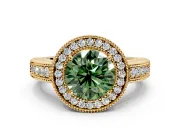 Milgrain Halo Engagement Ring Setting for Fancy Green Round Cut Center with Pave Band and Prong Head in Yellow Gold