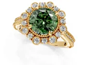 Milgrain Halo Engagement Ring Setting for Fancy Green Round Cut Center with Bezel Point Accents and Prong Head in Yellow Gold