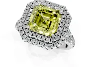 Double Halo Engagement Ring Setting for Fancy Yellow Asscher Cut Center with Narrow Pave Split Shank and Prong Head in Sterling Silver