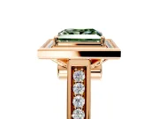 Halo Engagement Ring Setting for Fancy Green Princess Cut Center with Outer Bezel Rim, Pave Band and Prong Head in Rose Gold