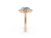 Small-Accent Cluster Halo Engagement Ring Setting for Fancy Blue Pear-Shaped Center with Plain Band and Prong Head in Rose Gold