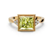 Cluster Engagement Ring Setting for Fancy Yellow Princess Cut Center with Milgrain Shoulder Clusters and Prong Head in Yellow Gold
