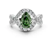 Halo Engagement Ring Setting for Fancy Green Pear-Shaped Center with Pave Infinity Twist Band and Prong Head in Sterling Silver