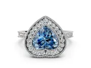 Halo Engagement Ring Setting for Fancy Blue Heart-Shaped Center with Milgrain Frame, Pave Band and Prong Head in Platinum