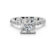 Baguette Engagement Ring Setting for Princess Cut Center with Alternating Bar-Set Band and Prong Head in Platinum