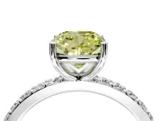 Solitaire Engagement Ring Setting for Fancy Yellow Cushion Cut Center with Round Cut Pave Band and Prong Head in White Gold