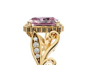 Halo Engagement Ring Setting for Fancy Pink Radiant Cut Center with Leaf Motif Split Shank and Prong Head in Yellow Gold