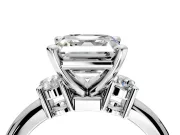 3 Stone Engagement Ring Setting for Asscher Cut Center with Wide Plain Band and Prong Head in White Gold