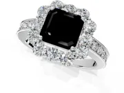 Halo Engagement Ring Setting for Fancy Black Asscher Cut Center with Milgrain Channel Band and Prong Head in White Gold