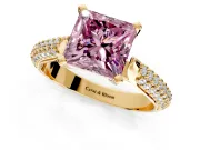 Solitaire Engagement Ring Setting for Fancy Pink Princess Cut Center with Multi-Row Accents and Prong Head in Yellow Gold