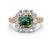 Halo Engagement Ring Setting for Fancy Green Cushion Cut Center with Milgrain Channel Band and Prong Head in Rose Gold