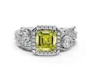Milgrain Halo Engagement Ring Setting for Fancy Yellow Asscher Cut Center with Shoulder Bezels and Prong Head in White Gold
