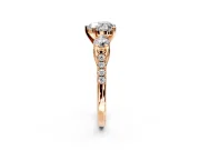 3 Stone Engagement Ring Setting for Heart-Shaped Center with Crossover Basket, Pave Band and Prong Head in Rose Gold