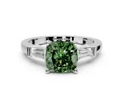 3 Stone Engagement Ring Setting for Fancy Green Cushion Cut Center with Channel Baguette Accents and Prong Head in White Gold