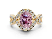 Halo Engagement Ring Setting for Fancy Pink Oval Center with Pave Infinity Twist Band and Prong Head in Yellow Gold