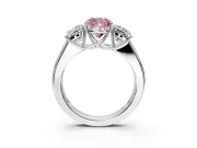3 Stone Engagement Ring Setting for Fancy Pink Cushion Cut Center with Raised Basket Heads and Prong Head in White Gold