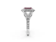 Double Halo Engagement Ring Setting for Fancy Pink Emerald Cut Center with Narrow Pave Split Shank and Prong Head in Platinum