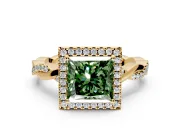 Halo Engagement Ring Setting for Fancy Green Princess Cut Center with Pave and Plain Twist Band and Prong Head in Yellow Gold