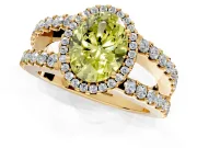 Halo Engagement Ring Setting for Fancy Yellow Oval Center with Wide-Open Pave Split Shank and Prong Head in Yellow Gold