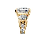 3 Stone Engagement Ring Setting for Princess Cut Center with Crossover Basket, Pave Band and Prong Head in Yellow Gold