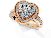Halo Engagement Ring Setting for Heart-Shaped Center with Outer Bezel Rim, Pave Band and Prong Head in Rose Gold