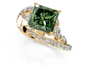 Solitaire Engagement Ring Setting for Fancy Green Princess Cut Center with Pave Bypass Twist Band and Prong Head in Yellow Gold