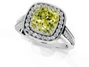 Halo Engagement Ring Setting for Fancy Yellow Cushion Cut Center with Outer Bezel Rim, Pave Band and Prong Head in White Gold
